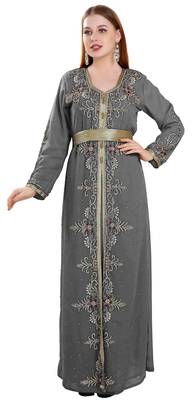Grey color full sleeves Handmade Moroccan Kaftan with Sun-proof hiijab 1