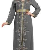 Grey color luxurious full sleeves Handmade Moroccan Kaftan with Sun-proof hiijab.