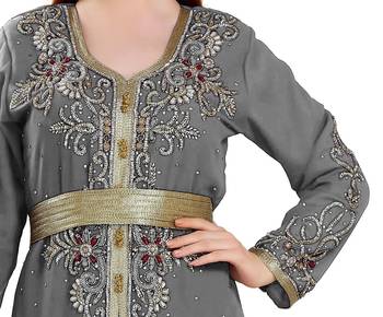 Grey color full sleeves Handmade Moroccan Kaftan with Sun-proof hiijab 2