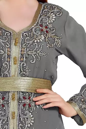 Grey color full sleeves Handmade Moroccan Kaftan with Sun-proof hiijab