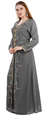 Grey color full sleeves Handmade Moroccan Kaftan with Sun-proof hiijab 3