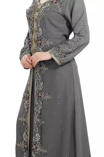 Grey color full sleeves Handmade Moroccan Kaftan with Sun-proof hiijab