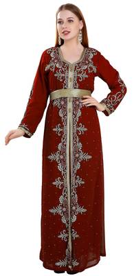 Maroon color full sleeves Handmade Moroccan Kaftan with Sun-proof hiijab 1