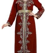 Maroon color luxurious full sleeves Handmade Moroccan Kaftan with Sun-proof hiijab.