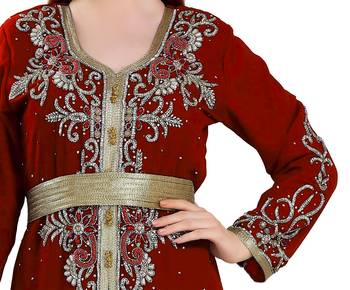 Maroon color full sleeves Handmade Moroccan Kaftan with Sun-proof hiijab 2