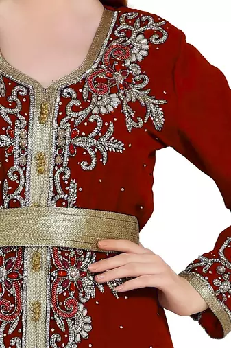 Maroon color full sleeves Handmade Moroccan Kaftan with Sun-proof hiijab