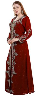 Maroon color full sleeves Handmade Moroccan Kaftan with Sun-proof hiijab 3