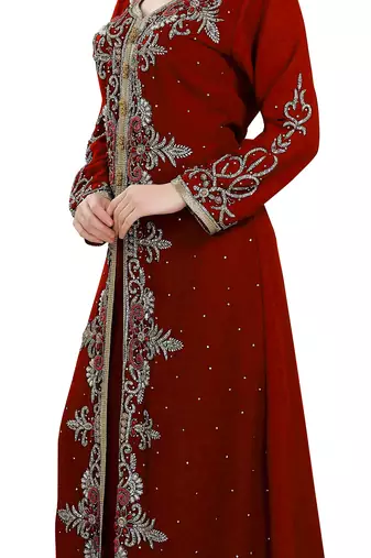 Maroon color full sleeves Handmade Moroccan Kaftan with Sun-proof hiijab