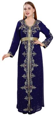 Navy-Blue color full sleeves Handmade Moroccan Kaftan with Sun-proof hiijab 1