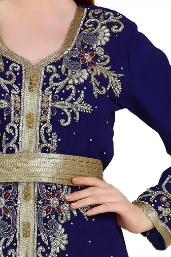 Navy-Blue color full sleeves Handmade Moroccan Kaftan with Sun-proof hiijab