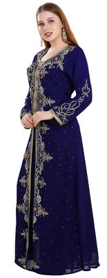 Navy-Blue color full sleeves Handmade Moroccan Kaftan with Sun-proof hiijab 3