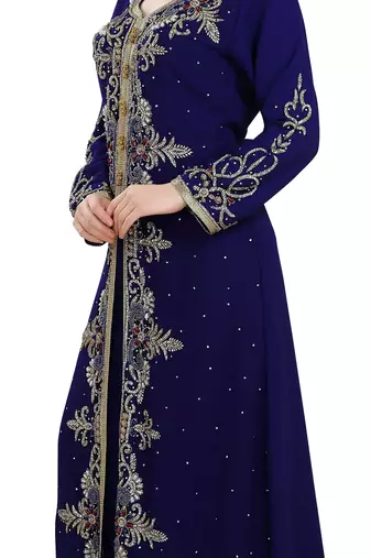 Navy-Blue color full sleeves Handmade Moroccan Kaftan with Sun-proof hiijab