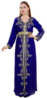 Royal-Blue color full sleeves Handmade Moroccan Kaftan with Sun-proof hiijab 1