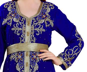 Royal-Blue color full sleeves Handmade Moroccan Kaftan with Sun-proof hiijab 2