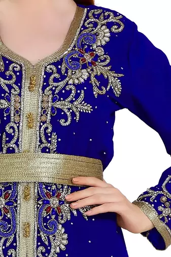 Royal-Blue color full sleeves Handmade Moroccan Kaftan with Sun-proof hiijab
