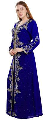 Royal-Blue color full sleeves Handmade Moroccan Kaftan with Sun-proof hiijab 3