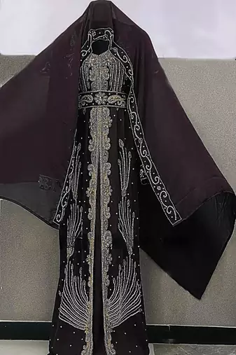 Black color full sleeves Handmade Moroccan Kaftan with Sun-proof hiijab