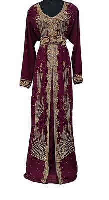 Wine color full sleeves Handmade Moroccan Kaftan with Embroidered zari work hijab 1