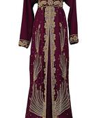 Wine color luxurious full sleeves Handmade Moroccan Kaftan with Embroidered zari work hijab