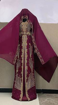 Wine color full sleeves Handmade Moroccan Kaftan with Embroidered zari work hijab 2