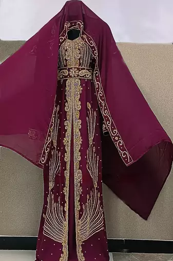 Wine color full sleeves Handmade Moroccan Kaftan with Embroidered zari work hijab