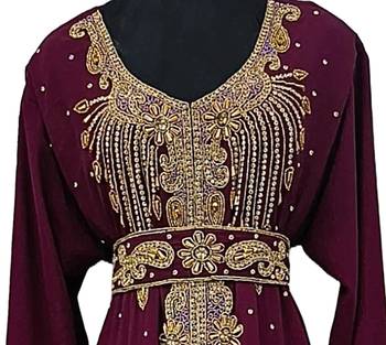 Wine color full sleeves Handmade Moroccan Kaftan with Embroidered zari work hijab 3