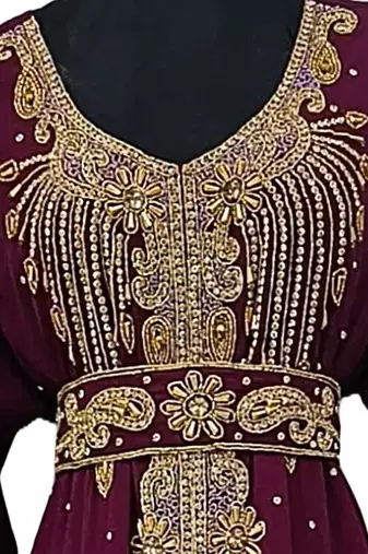 Wine color full sleeves Handmade Moroccan Kaftan with Embroidered zari work hijab