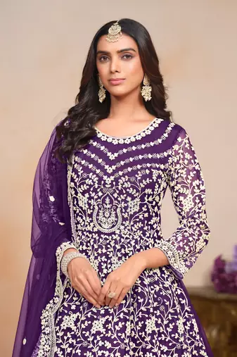Purple embroidered net anarkali suit