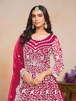 Magenta embroidered net anarkali suit 3