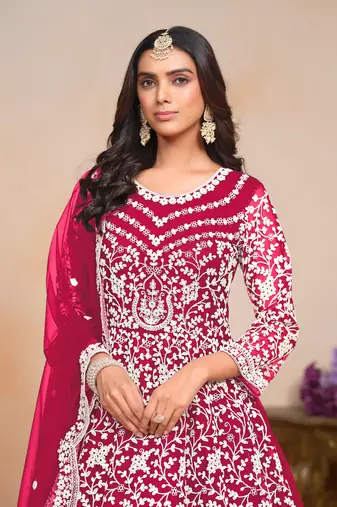 Magenta embroidered net anarkali suit