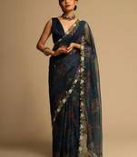 Kalki Fashion Floral Printed Organza Saree, Blouse-Not As Per Image