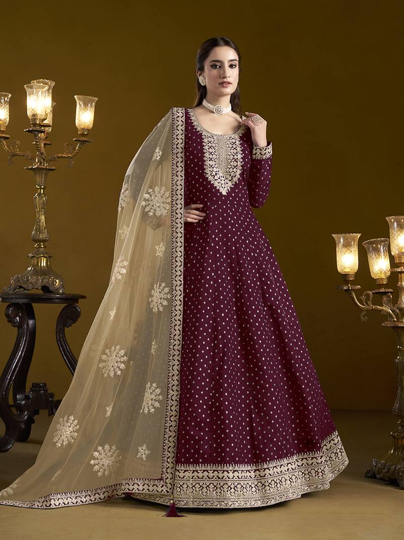 Chanderi embroidered burgundy designer salwar kameez