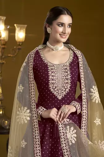 Chanderi embroidered burgundy designer salwar kameez