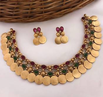 Gold-tone coin necklace set with emerald and ruby gemstones 1