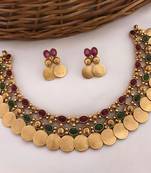 Gold-tone coin necklace set with emerald and ruby gemstones
