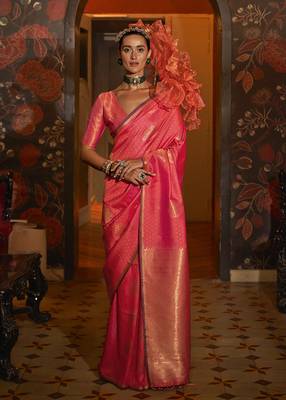 Handloom silk blend weaving work peach saree 1