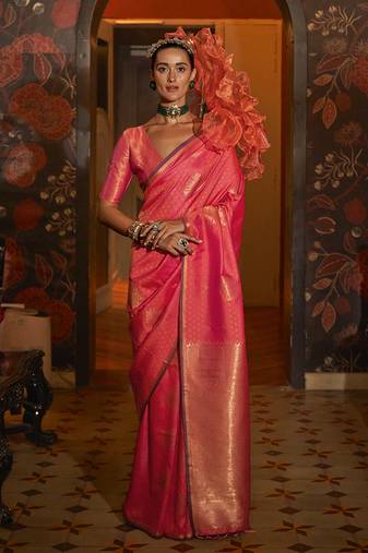 Handloom silk blend weaving peach saree