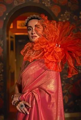 Handloom silk blend weaving work peach saree 2