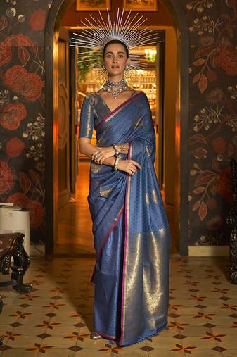 Handloom silk blend weaving navy blue saree