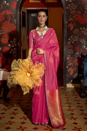 Handloom silk blend weaving pink saree