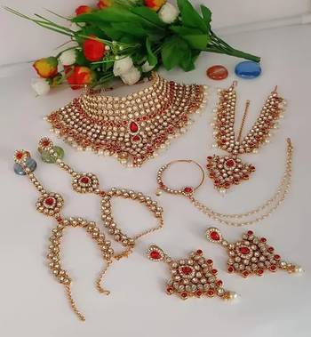 Red kundan bridal jewelry set with pearl drops - complete wedding collection 1