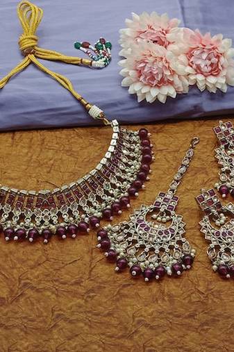 Exquisite pearl-adorned indian choker necklace and earrings set