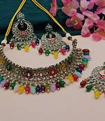 Luxurious multicolor kundan choker necklace set with earrings and maang tikka