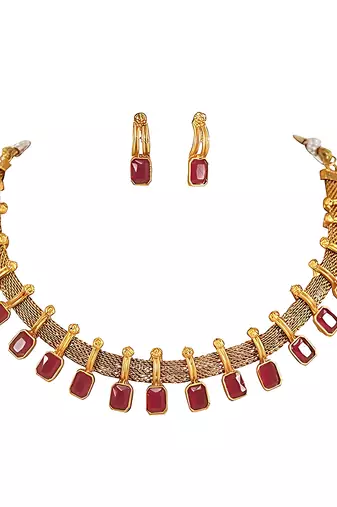 Elegant maroon and gold mesh Necklace :: set with matching earrings