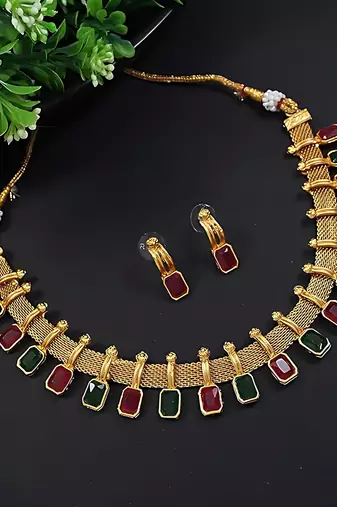 Elegant multi and gold mesh Necklace :: set with matching earrings