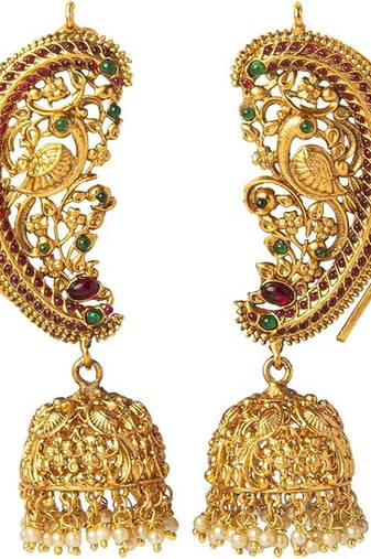 Exquisite gold-plated peacock jhumka earrings with ruby and emerald accents