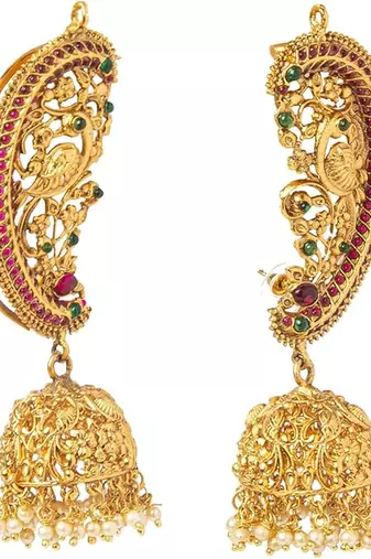 Exquisite gold-plated peacock jhumka earrings with ruby and emerald accents
