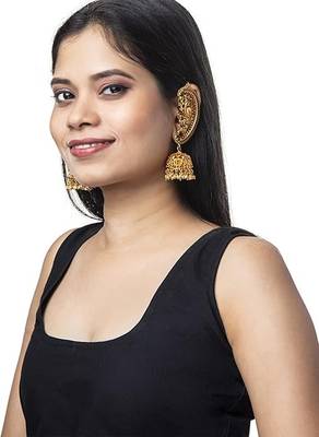 Exquisite gold-plated peacock jhumka earrings with ruby and emerald accents 3