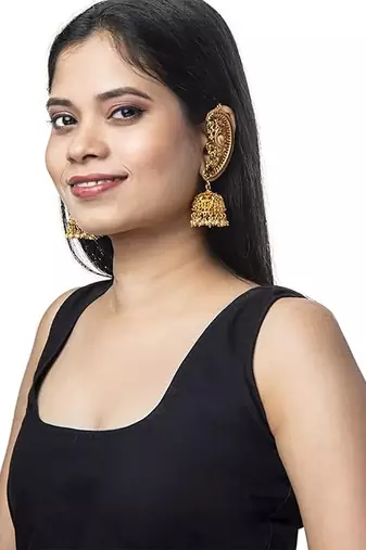 Exquisite gold-plated peacock jhumka earrings with ruby and emerald accents