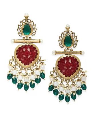 Elegant kundan-inspired chandelier earrings with red and green gemstones 3
